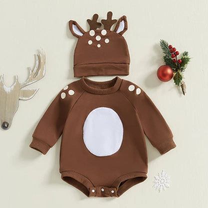 Baby Girls/Boys Reindeer Christmas Romper & Hat (Age Newborn-18M)