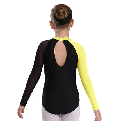 Girls Ballet Dance Leotard Gymnastics  Rhinestones Sheer Mesh Long Sleeve (Age 4-16 YRS)