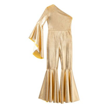 Girls Dance Metallic One Shoulder Bell-Bottom Jumpsuit (Age 6-16YRS)