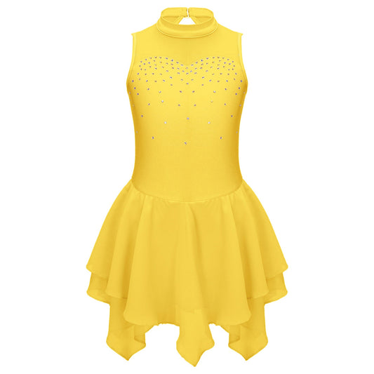 Girls Ballet Figure Skating Tutu Sleeveless Rhinestone Leotard Dress (Age 6-16 YRS)