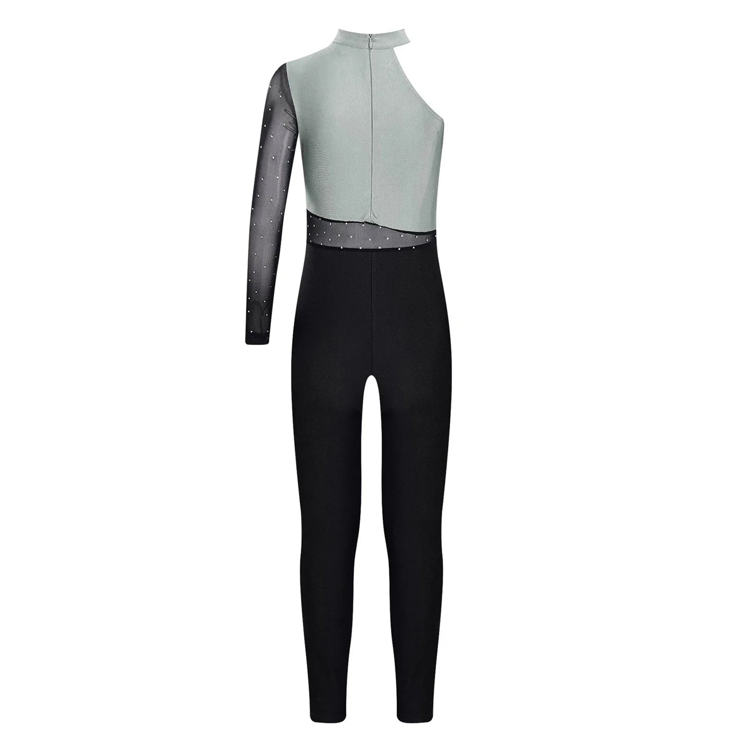 Girls Gymnastics Rhinestones Sheer Mesh Jumpsuit (Age 6-16 YRS)