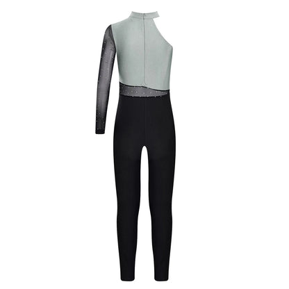 Girls Gymnastics Rhinestones Sheer Mesh Jumpsuit (Age 6-16 YRS)