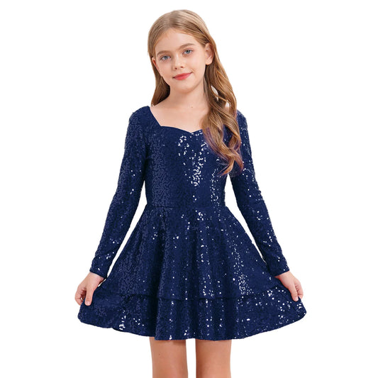 Girls Sequin Long Sleeve Double Layer Hemline Dress (Age 6-14 YRS)