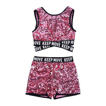 Girls Sequin Dance Top & Shorts Set (Age 4-16YRS)