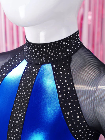 Girls Dance Performance Costume Long Sleeve Rhinestone Leotard (Age 6-16 YRS)