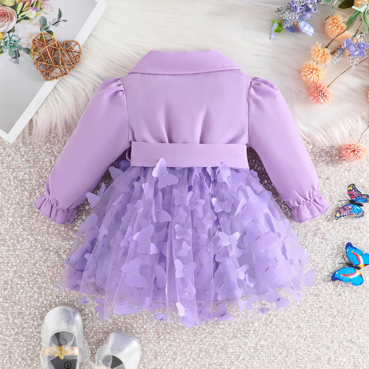 Baby Girls Long Sleeve Butterfly Embroidered Mesh Dress (Age 3M-24M)