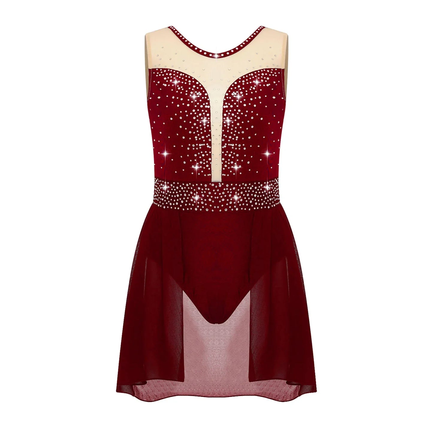 Rhinestone Gymnastics Figure Skating Dress for Teen Girls Sleeveless Sheer Mesh Tutu Ballet Leotard Lyrical Performance Costume
