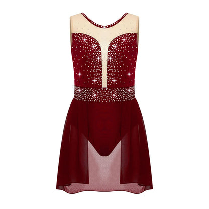 Rhinestone Gymnastics Figure Skating Dress for Teen Girls Sleeveless Sheer Mesh Tutu Ballet Leotard Lyrical Performance Costume