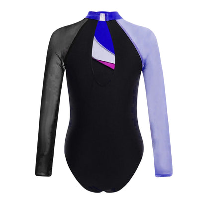 Girls Ballet Dance Leotard Gymnastics  Rhinestones Sheer Mesh Long Sleeve (Age 4-16 YRS)