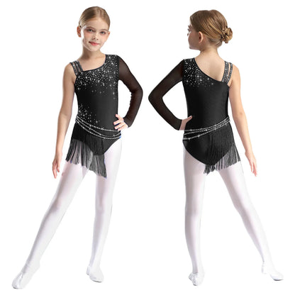 Girls Figure Skating Rhinestone Irregular Tassel Bodysuit Leotard (Age  6-16YRS)