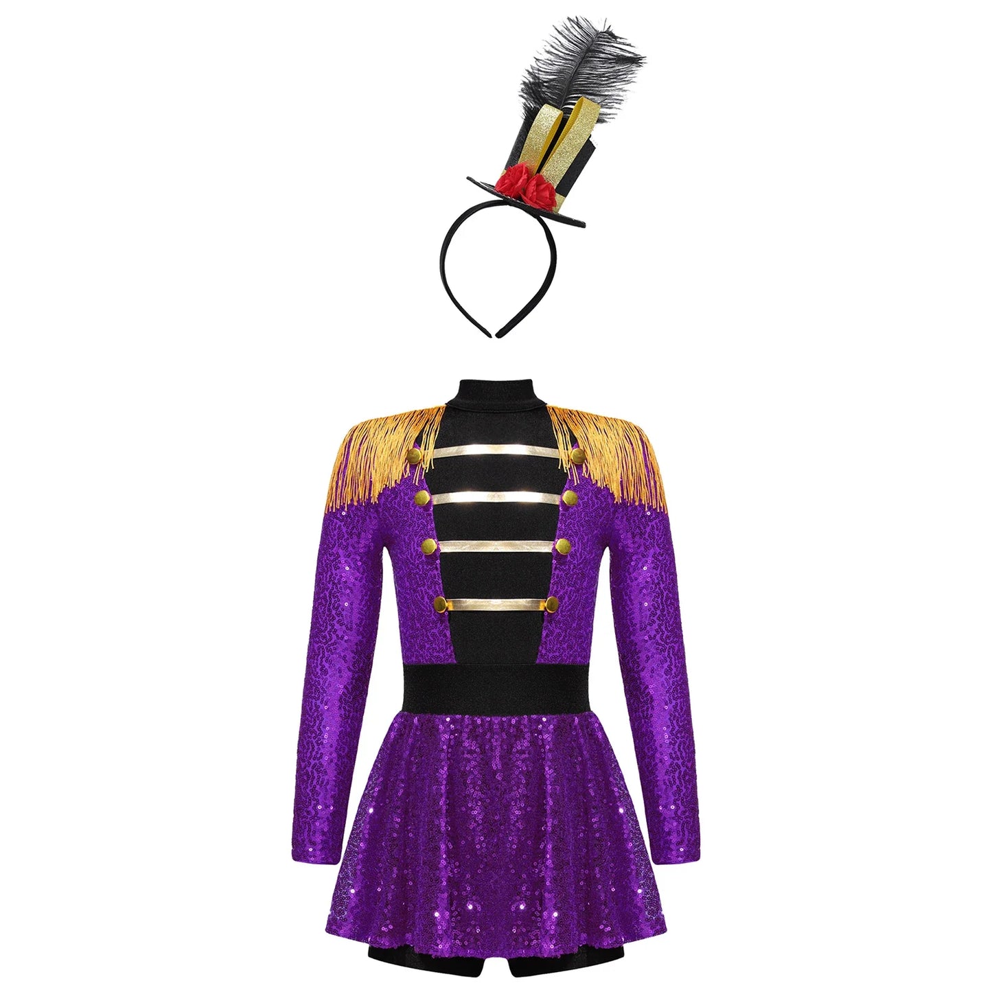 Girls Halloween Circus Ringmaster  Costume Long Sleeve Sequin Leotard Dress (Age 6-14YRS)