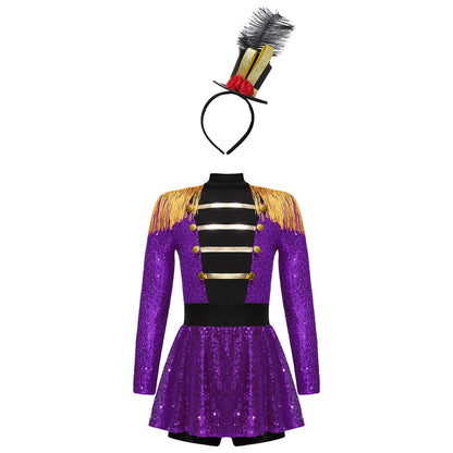 Girls Halloween Circus Ringmaster  Costume Long Sleeve Sequin Leotard Dress (Age 6-14YRS)