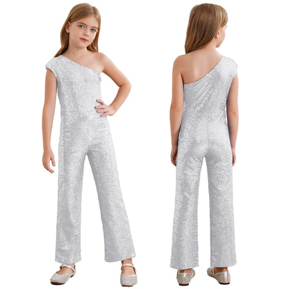 Girls Sequin One Shoulder Jumpsuit (Age 6-16YRS)
