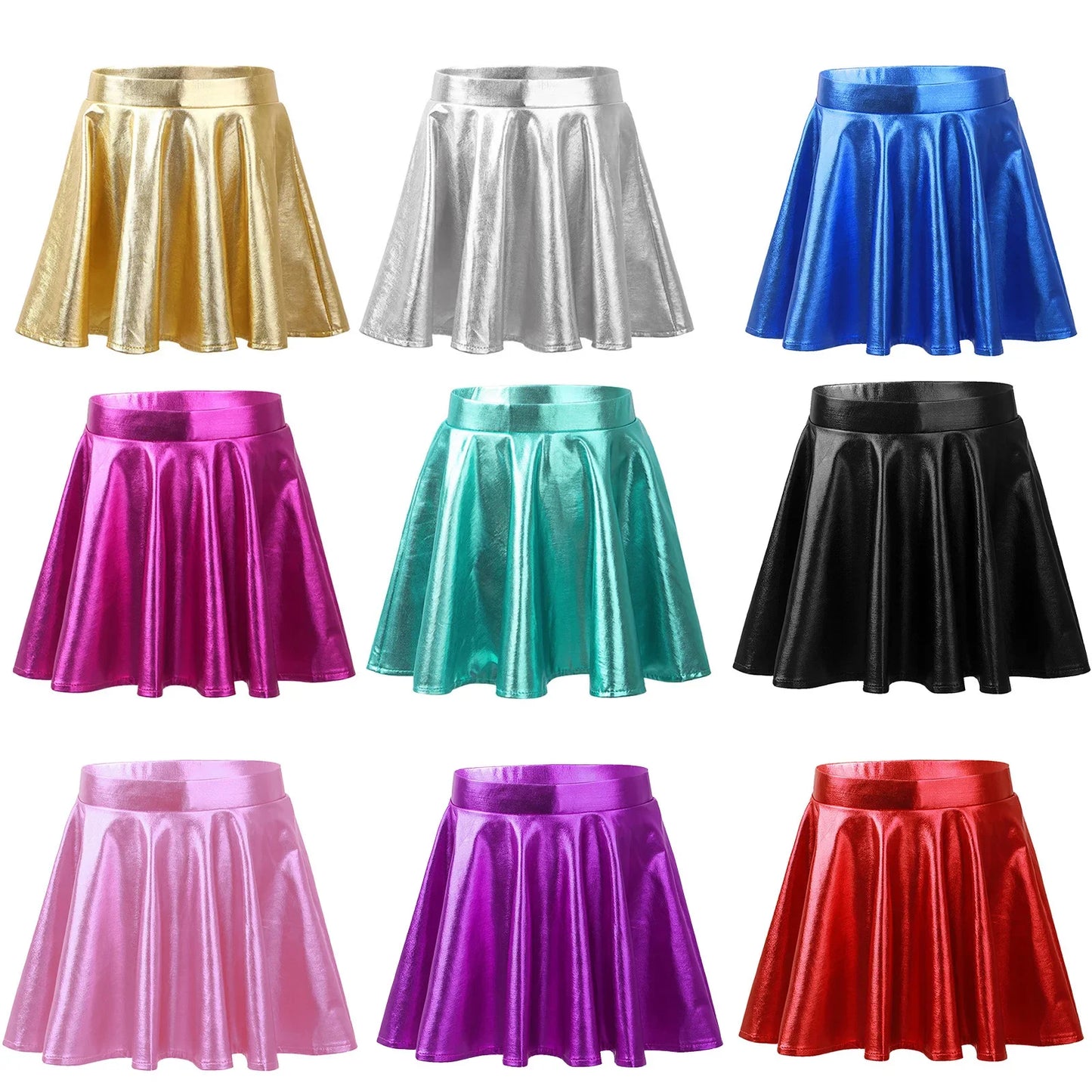Girls Metallic Flared Pleated A-Line Mini Skater Skirt (Age 6-14 YRS)