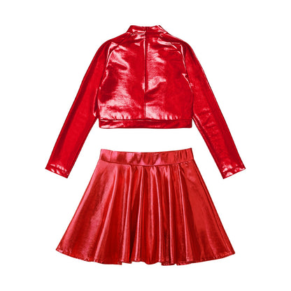 Girls Dance Metallic Long Sleeve Sequin Crop Top & Skirt (Age 6-14YRS)
