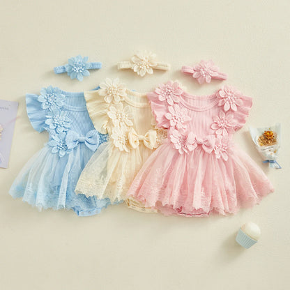 Baby Girls Romper Lace Ruffle Dress & Headband (Age 3-18M)