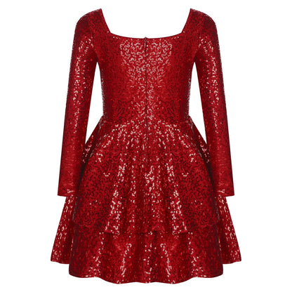 Girls Sequin Long Sleeve Double Layer Hemline Dress (Age 6-14 YRS)