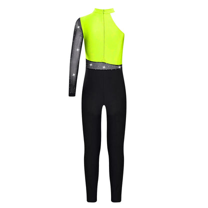 Girls Gymnastics Rhinestones Sheer Mesh Jumpsuit (Age 6-16 YRS)