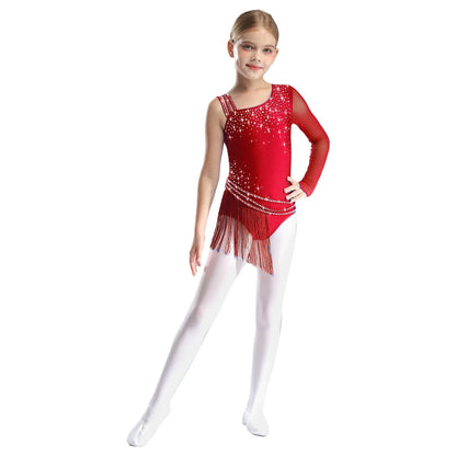 Girls Figure Skating Rhinestone Irregular Tassel Bodysuit Leotard (Age  6-16YRS)