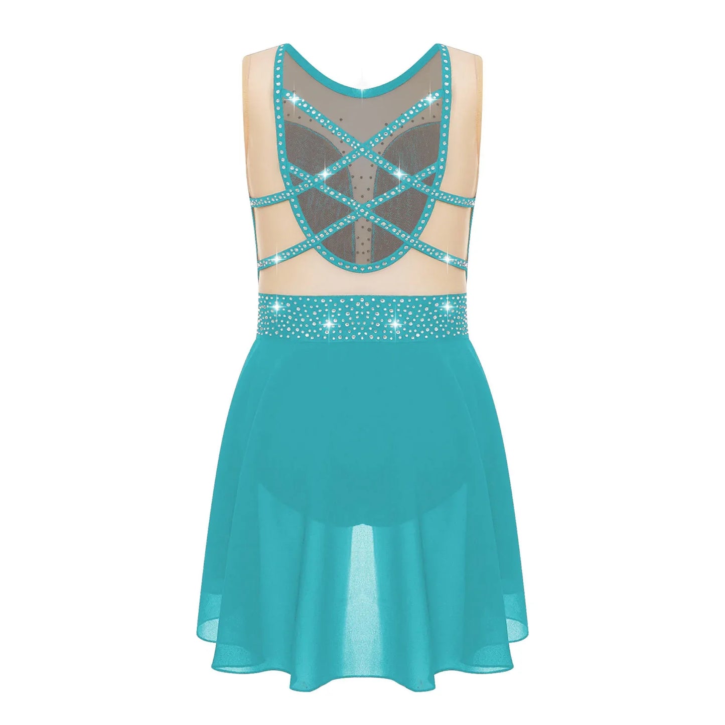 Rhinestone Gymnastics Figure Skating Dress for Teen Girls Sleeveless Sheer Mesh Tutu Ballet Leotard Lyrical Performance Costume