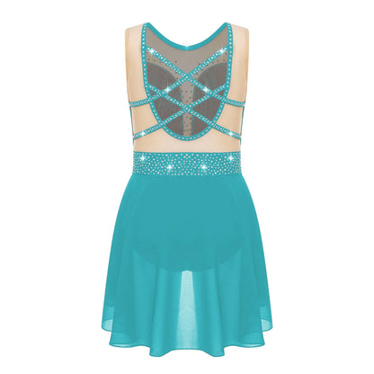 Rhinestone Gymnastics Figure Skating Dress for Teen Girls Sleeveless Sheer Mesh Tutu Ballet Leotard Lyrical Performance Costume