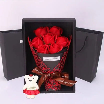 Artificial Rose Bouquet Bear Gift Box - Christmas Birthday Valentines Red