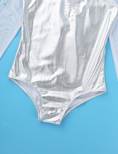 Girls Rhinestone Metallic Dance Bodysuit & Shorts Set (Age 4-12 YRS)