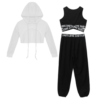 Girls Hip Hop Long Sleeve Drawstring Hooded Tops with Crop Top Pants Tracksuit (Age 6-14YRS)