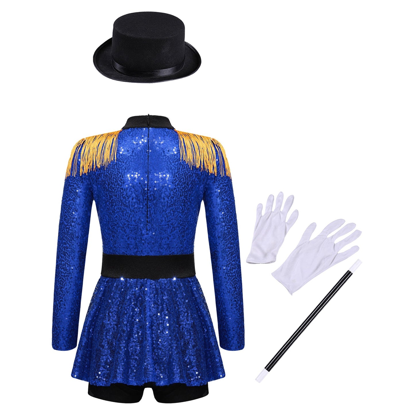 Girls Halloween Circus Ringmaster  Costume Long Sleeve Sequin Leotard Dress (Age 6-14YRS)