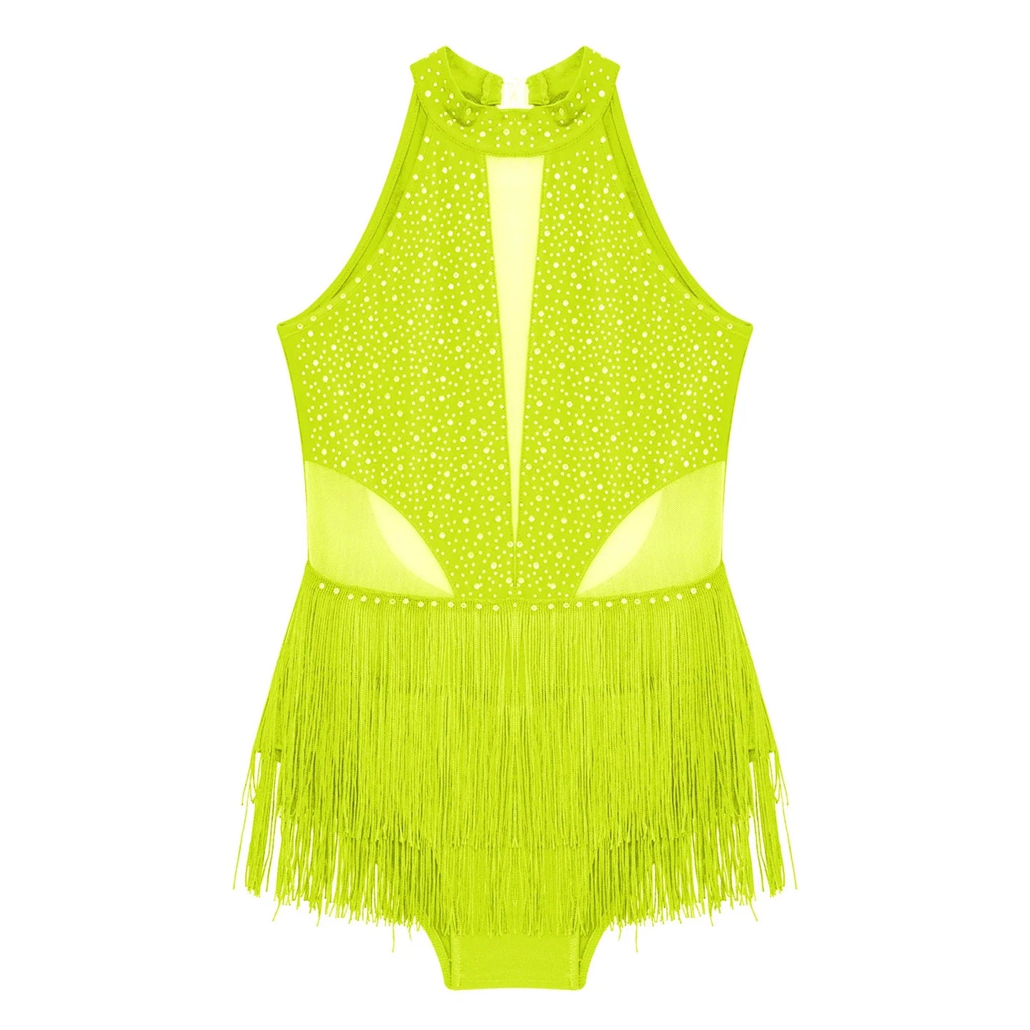Girls Dance Costume Sleeveless Rhinestone Tassel Leotard (Age 6-16 YRS)