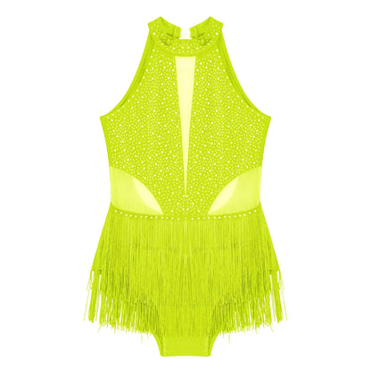 Girls Dance Costume Sleeveless Rhinestone Tassel Leotard (Age 6-16 YRS)