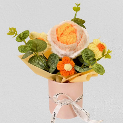 Handmade Crochet Knitted Flower Bouquet,Rose & Sunflower Bouquet - Home Decor & Gift for Woman Wife Mom Gold