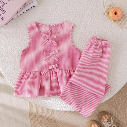 Girls Pink Stripe Bow Sleeveless Vest Top & Trousers Set (Age 3-7YRS)