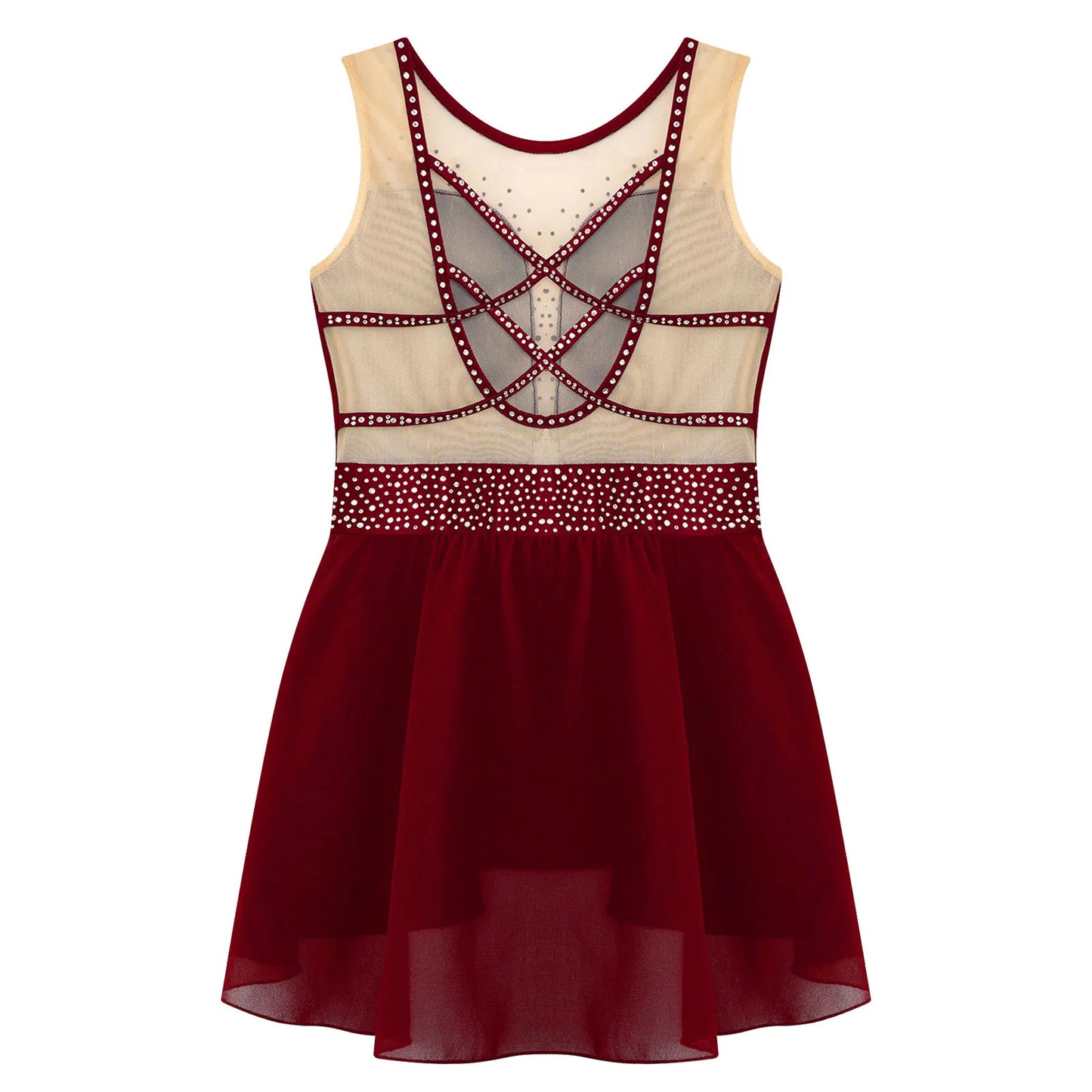 Rhinestone Gymnastics Figure Skating Dress for Teen Girls Sleeveless Sheer Mesh Tutu Ballet Leotard Lyrical Performance Costume