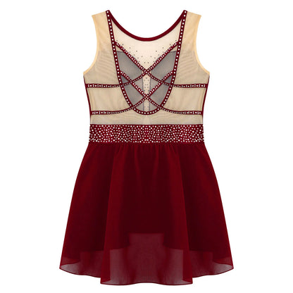 Rhinestone Gymnastics Figure Skating Dress for Teen Girls Sleeveless Sheer Mesh Tutu Ballet Leotard Lyrical Performance Costume