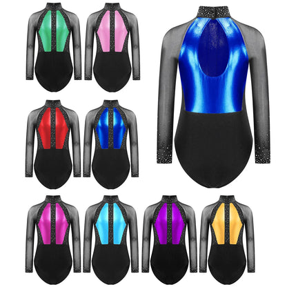 Girls Dance Performance Costume Long Sleeve Rhinestone Leotard (Age 6-16 YRS)
