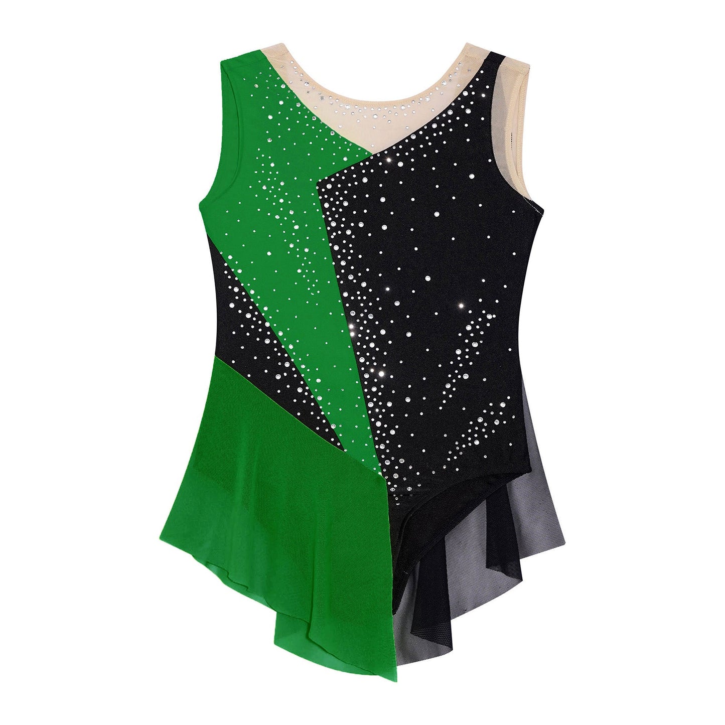 Rhinestone Gymnastics Figure Skating Dress for Teen Girls Sleeveless Sheer Mesh Tutu Ballet Leotard Lyrical Performance Costume