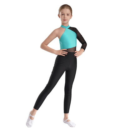 Girls Gymnastics Rhinestones Sheer Mesh Jumpsuit (Age 6-16 YRS)