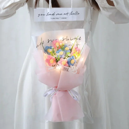 Hand Knitted Crochet Gift Flowers Bouquet With LED Lights Pink