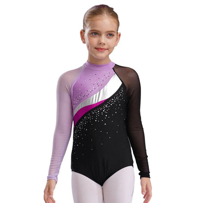 Girls Ballet Dance Leotard Gymnastics  Rhinestones Sheer Mesh Long Sleeve (Age 4-16 YRS)