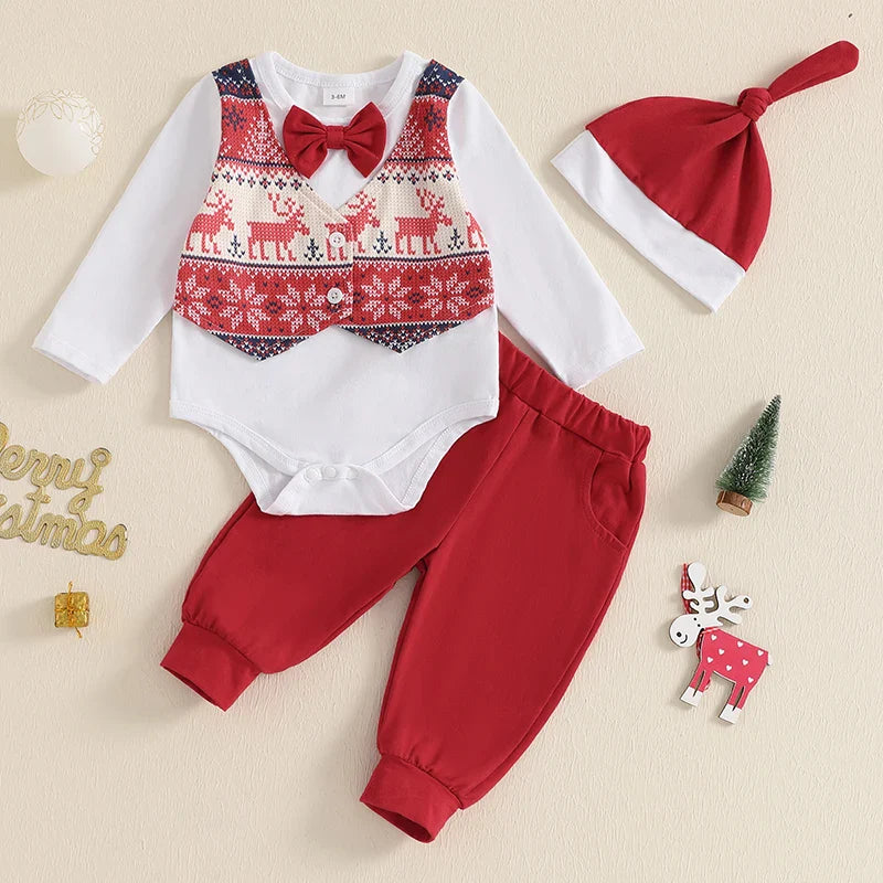 Baby Boys Christmas Gentleman Bodysuit Trousers & Hat Outfit (Age Newborn - 18M)
