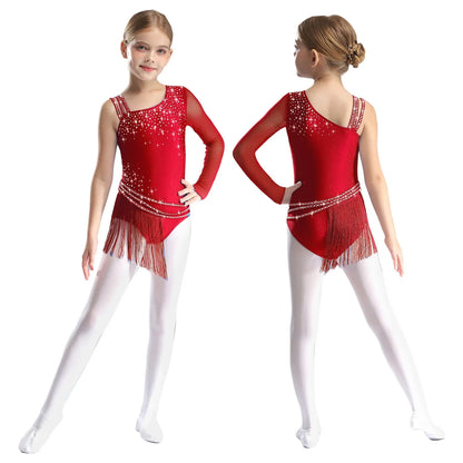Girls Figure Skating Rhinestone Irregular Tassel Bodysuit Leotard (Age  6-16YRS)