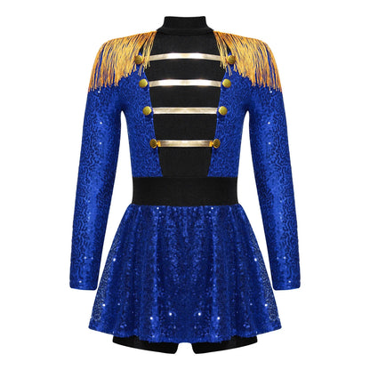 Girls Halloween Circus Ringmaster  Costume Long Sleeve Sequin Leotard Dress (Age 6-14YRS)