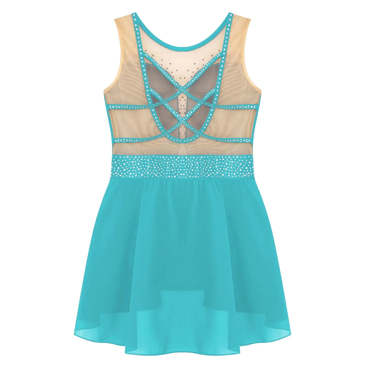 Rhinestone Gymnastics Figure Skating Dress for Teen Girls Sleeveless Sheer Mesh Tutu Ballet Leotard Lyrical Performance Costume