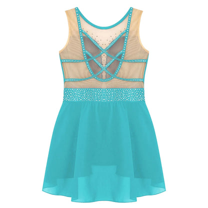 Rhinestone Gymnastics Figure Skating Dress for Teen Girls Sleeveless Sheer Mesh Tutu Ballet Leotard Lyrical Performance Costume