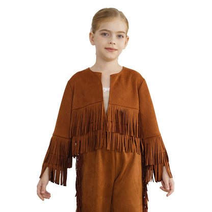 Kids Western Cowboy Cowgirl Costume Long Sleeve Tassels Fringe Jacket (Age 6-16YRS)