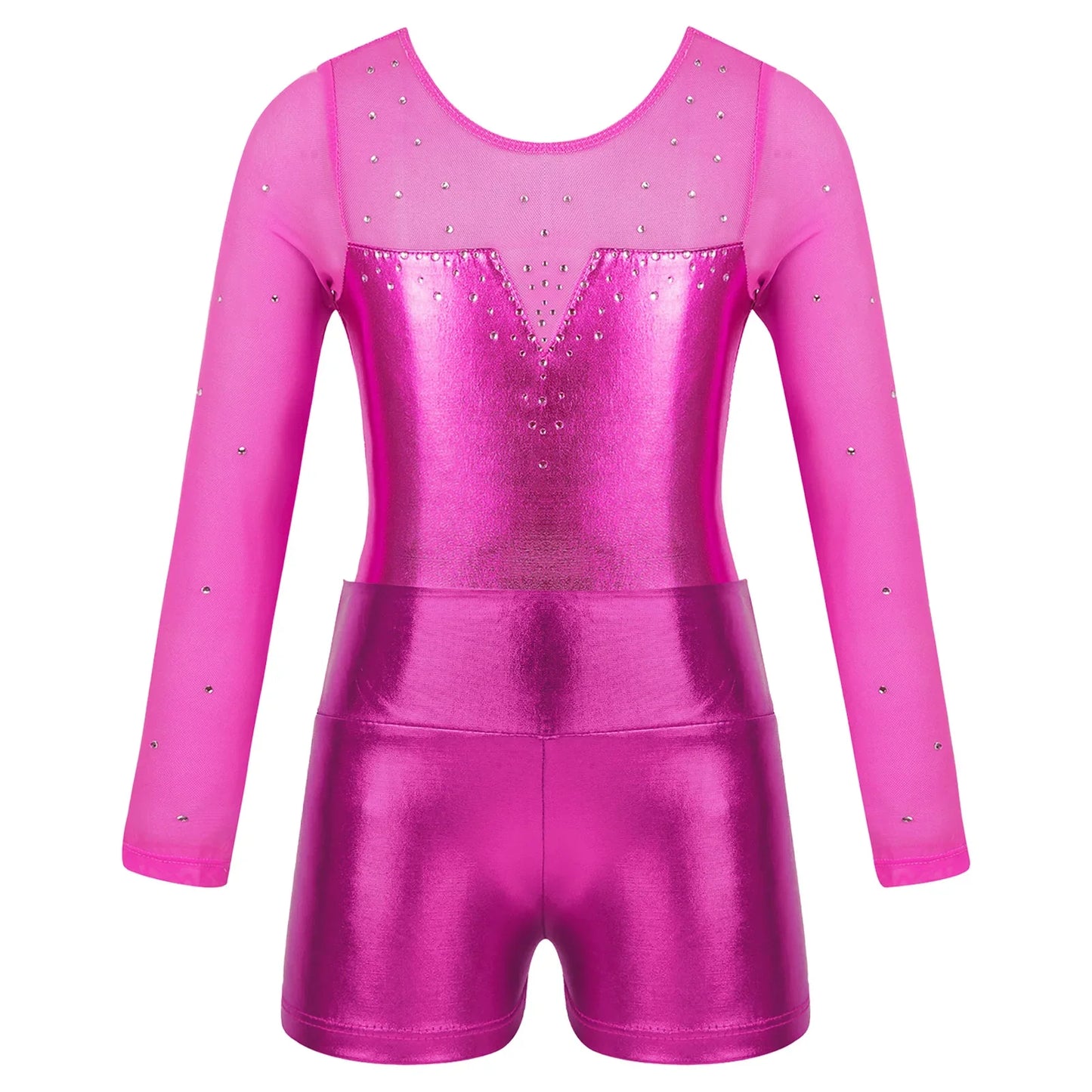 Girls Rhinestone Metallic Dance Bodysuit & Shorts Set (Age 4-12 YRS)