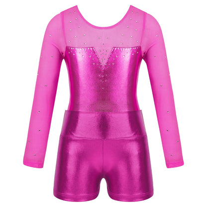 Girls Rhinestone Metallic Dance Bodysuit & Shorts Set (Age 4-12 YRS)