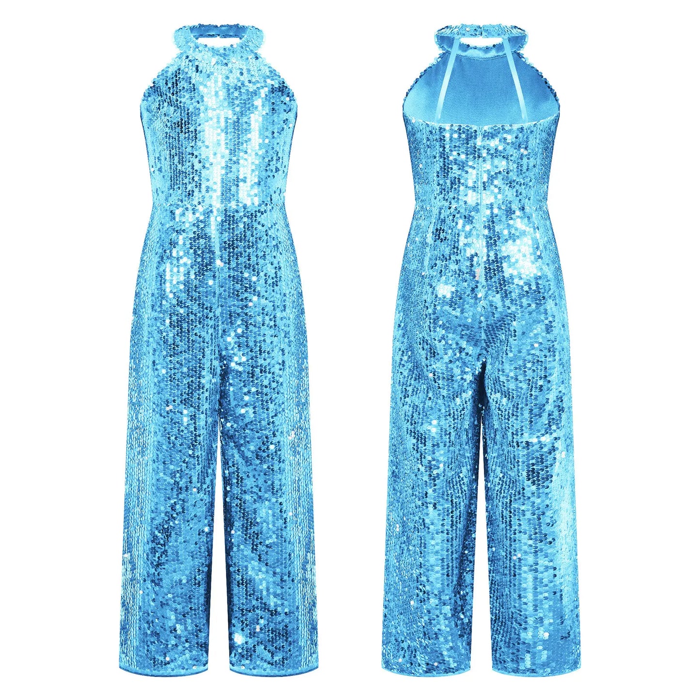 Girls Dance Sequin Sleeveless Halter Jumpsuit (Age 6-14YRS)