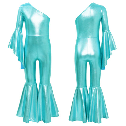 Girls Dance Metallic One Shoulder Bell-Bottom Jumpsuit (Age 6-16YRS)